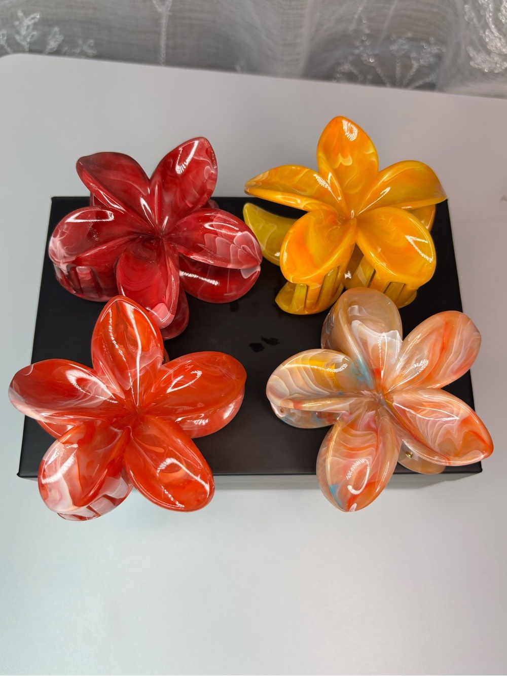 Large Floral Hair Claw Clips Bundle- Bright Orange/Red Marble Boho Beach Summer